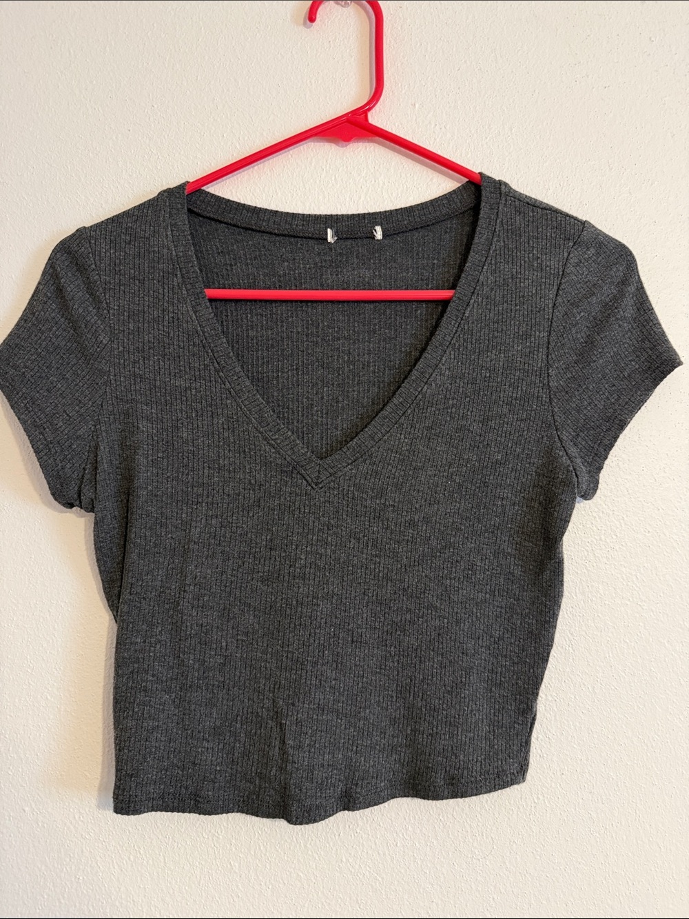 Charcoal Ribbed V-Neck Crop Top - Women